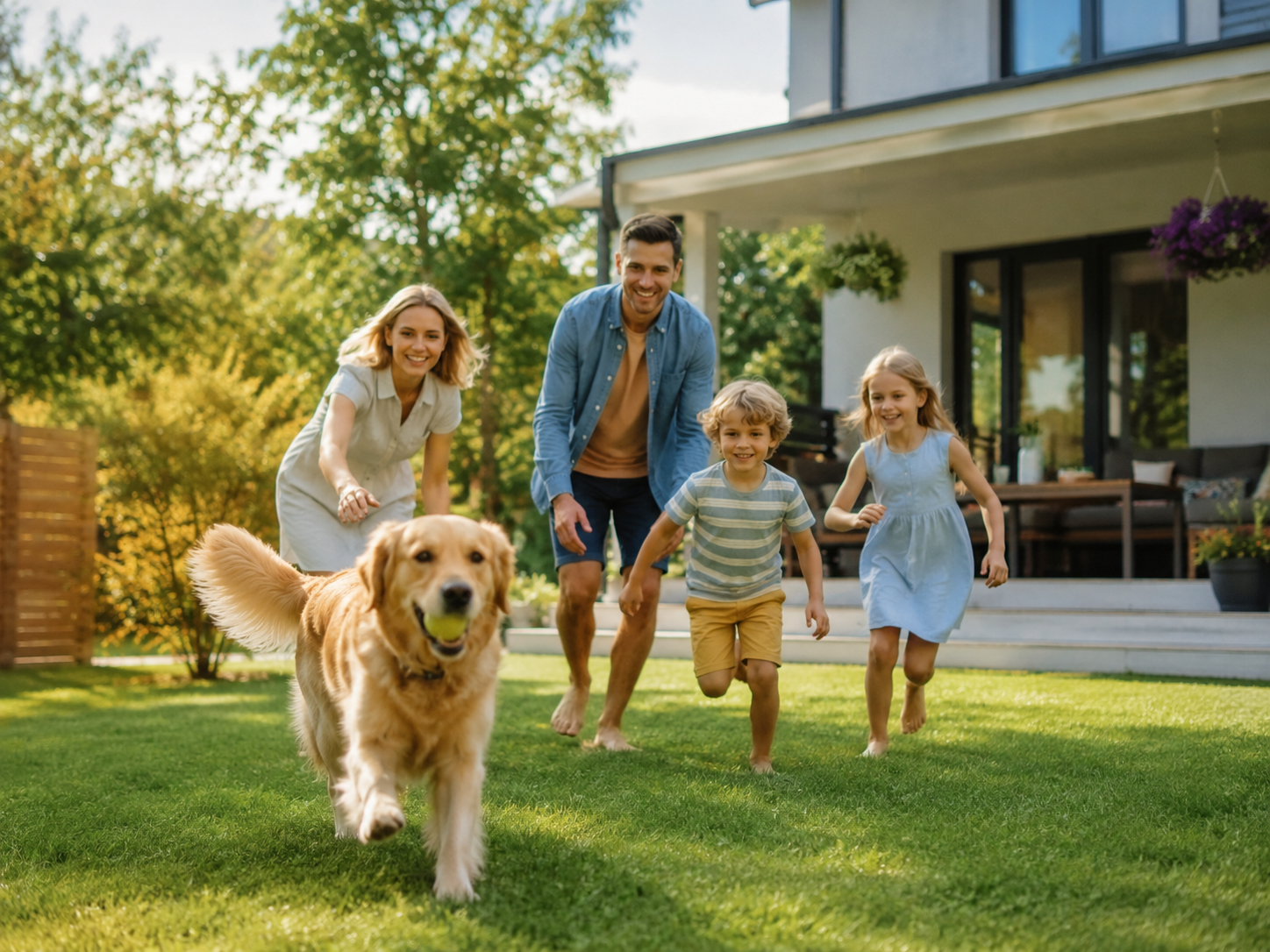 Family running with a dog in a clean backyard