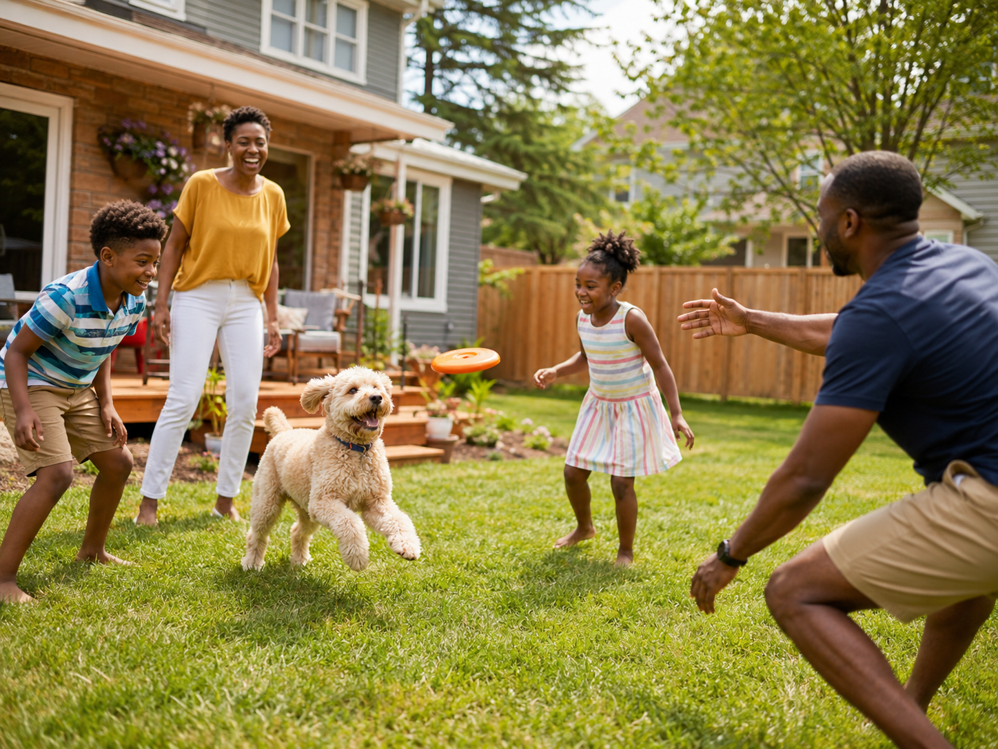 A family enjoying a clean backyard with their dog