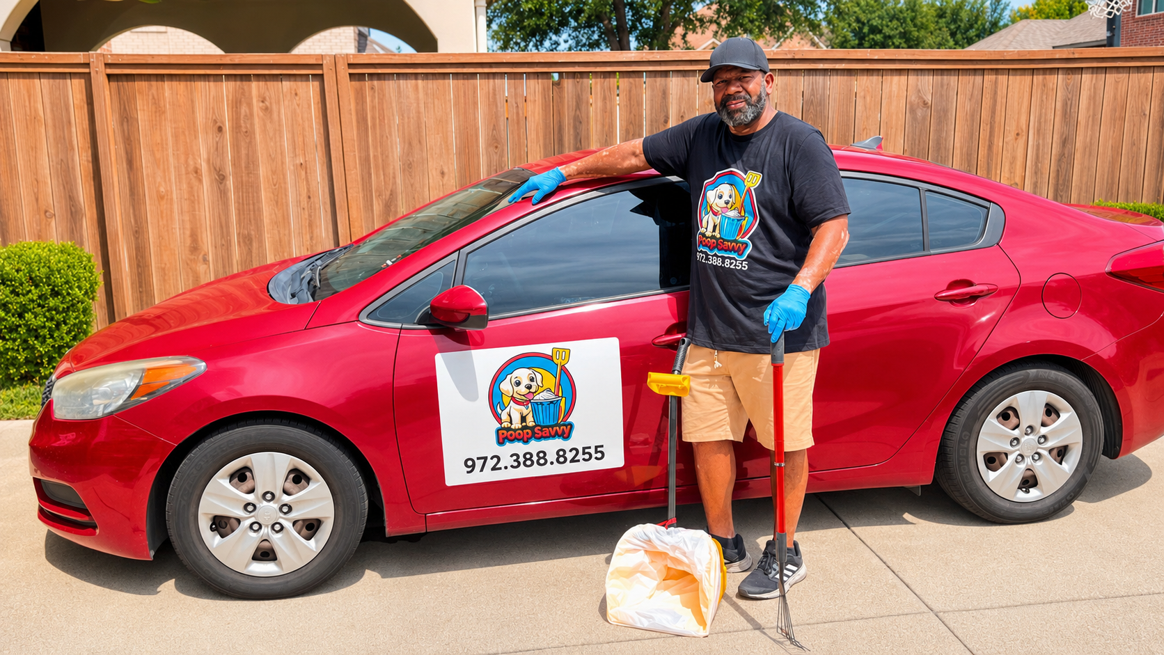 Josh from Poop Savvy next to the branded service car